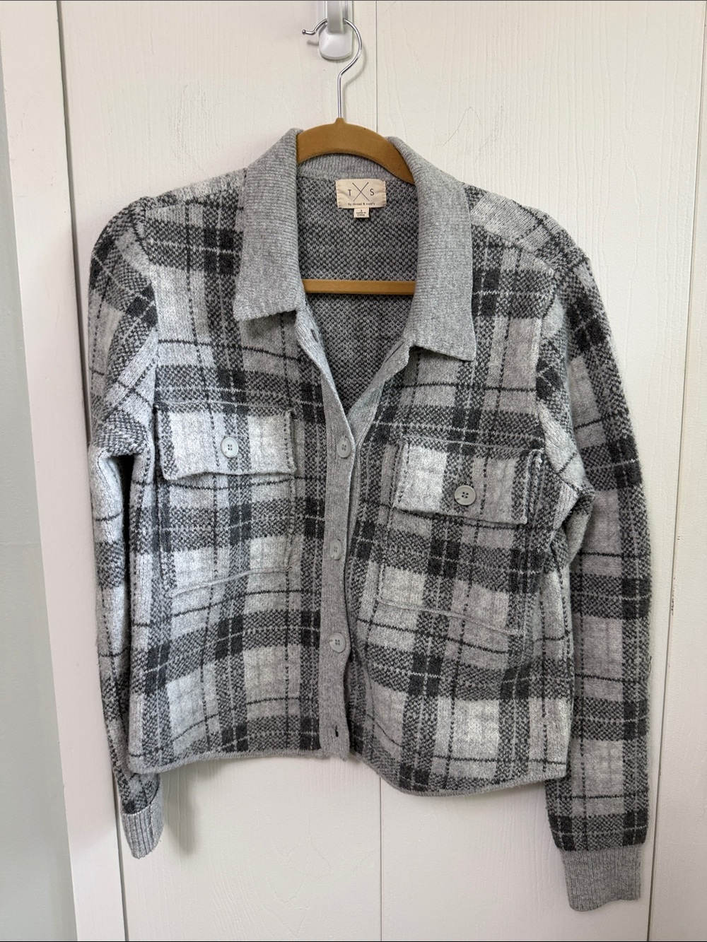 Thread & Supply Black and Gray Plaid Button-Up Cardigan Jacket